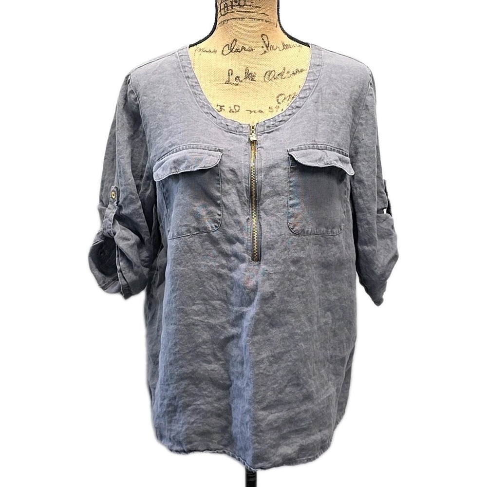 Ellen Tracy Blouse Women Large Gray 100% Linen Roll Tab Sleeve Zip Utility Top
